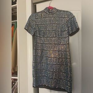 ASOS DESIGN iridescent sequin mini dress with short sleeve and mock neck